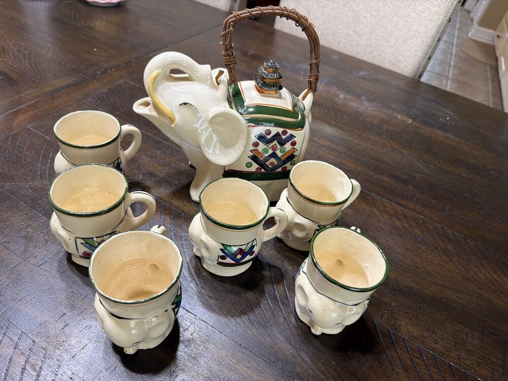 Vintage Japan Elephant Tea Set Teapot 6 Cups Ceramic Hand Painted Wicker Asian